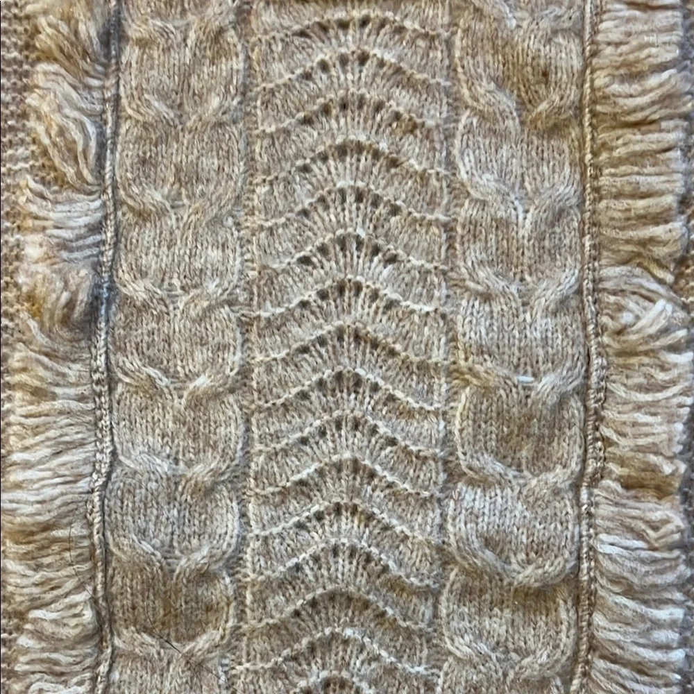 LOFT NWT Heather Tan Cream Beige Cable Fringe Mock Neck Sweater. - Picture 2 of 6